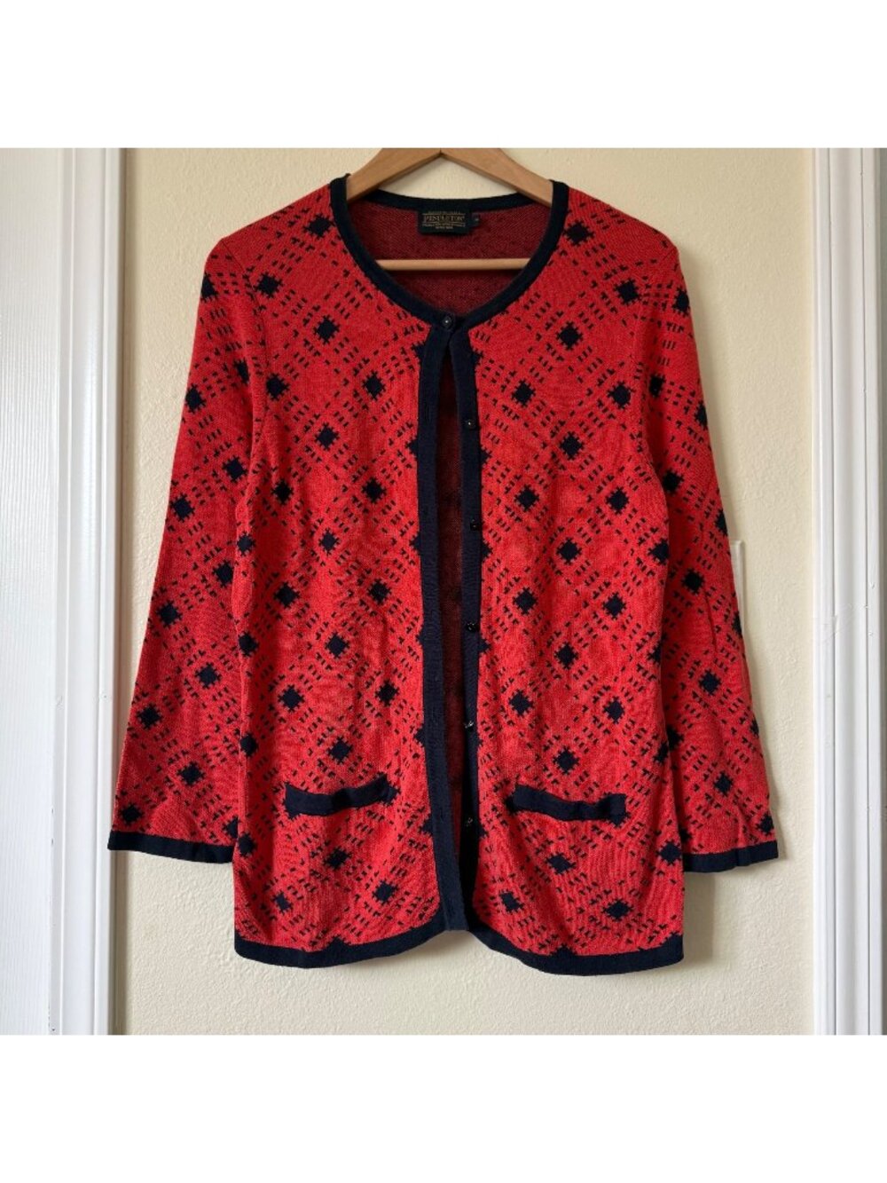 Pendleton Womens Red & Navy Diamond Pattern Cardigan Sweater M